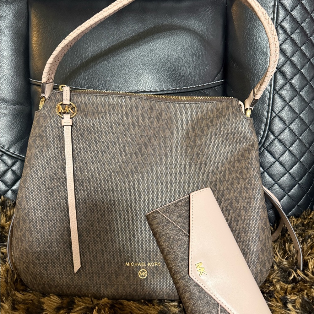 Michael Kors Signature Brown and Pink Shoulder Bag